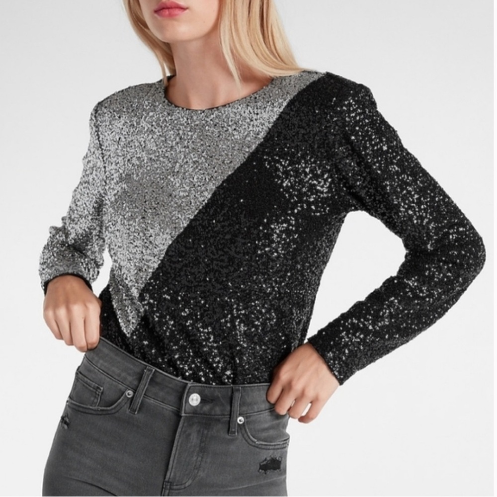Express Silver and Black Sequin Long Sleeve Bodysuit